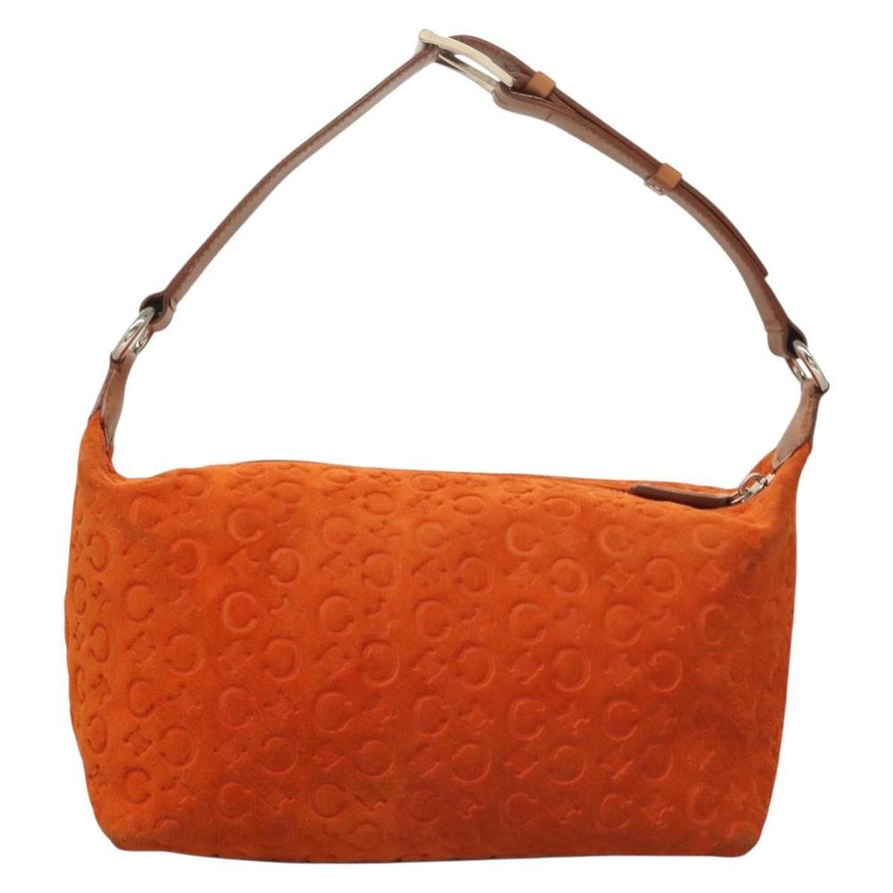 CELINE C Macadam Canvas Hand Bag Suede Orange Silver Auth bs27483 - Picture 3 of 16